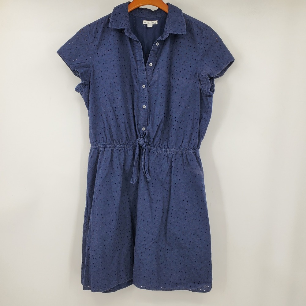 J. Crew Navy Blue Eyelet Cotton Button Front Shirt Dress L1491 Medium Preppy